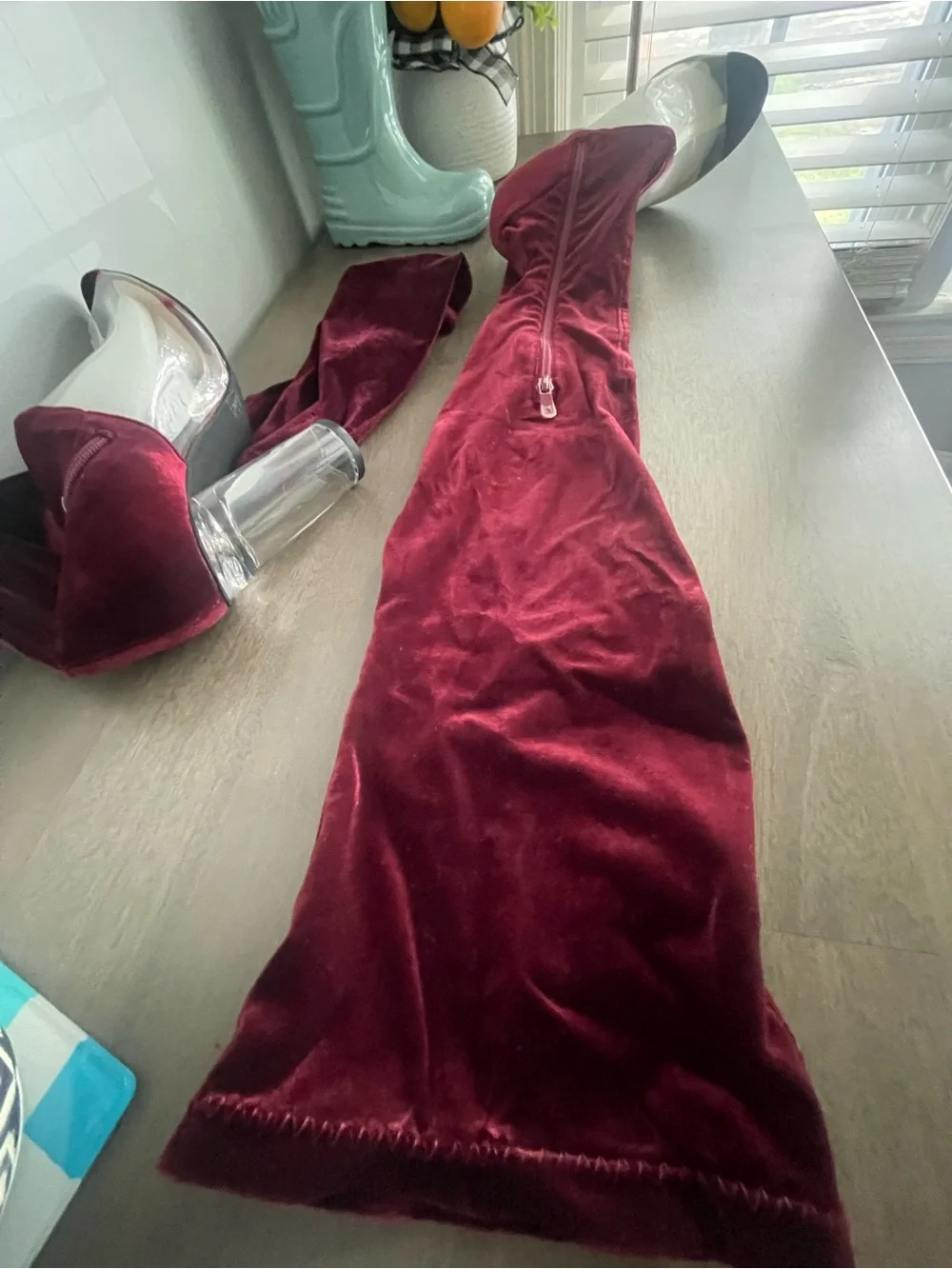 Over-the-Knee Velvet Boots in Burgundy - Women